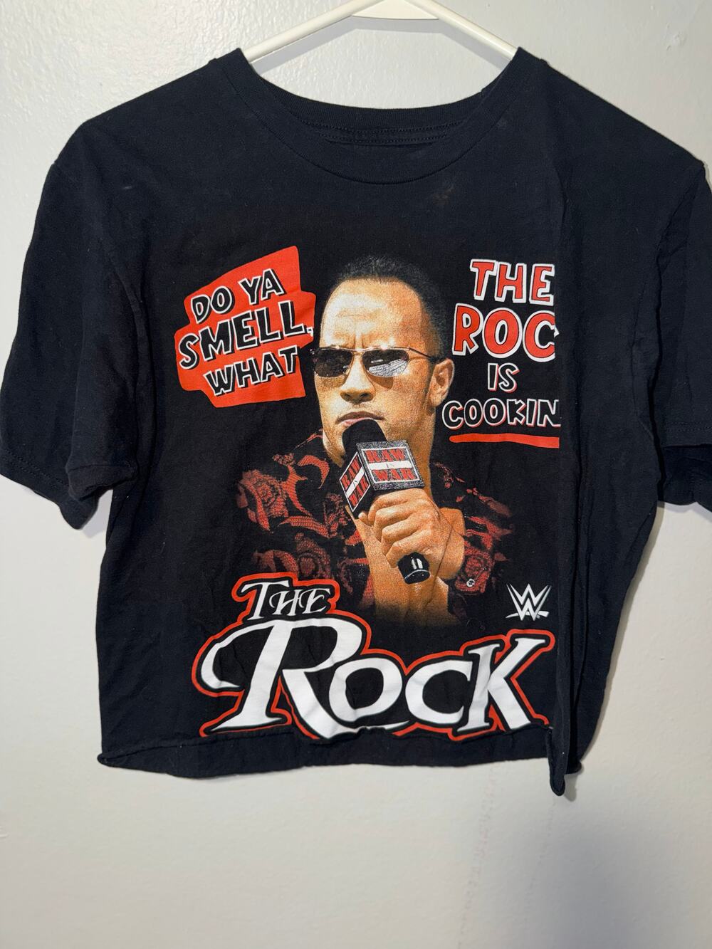WWE Black Graphic T-Shirt The Rock Do Ya Smell Slogan Print Crew Neck Short Slee